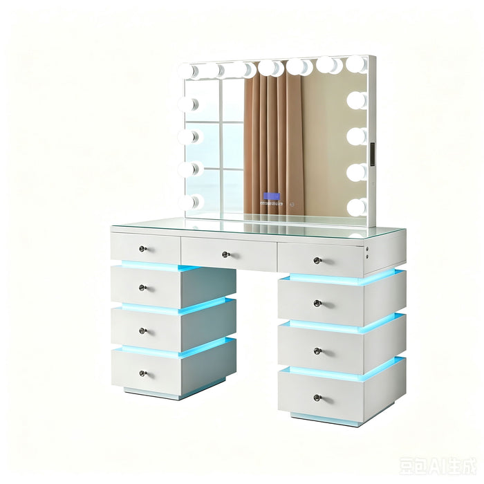 LED Lighted Makeup Vanity Desk With 15 Bulbs Mirror, RGB Light Drawers, 9 Drawers Dressing Table For Bedroom - Gloss White Home Essentials