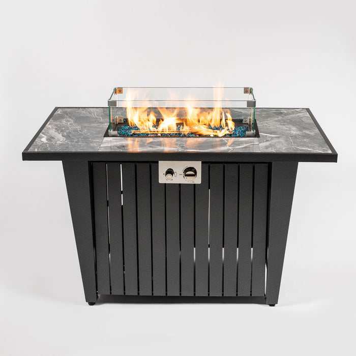 Morden Steel Fire Pit Table With Marble Tile Tabletop, Glass Wind Guard And Lid Patioseek