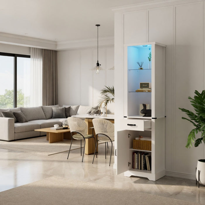 Pantry Cabinet With LED Lights And Barn Door With Tempered Glass Shelves - White Home Essentials