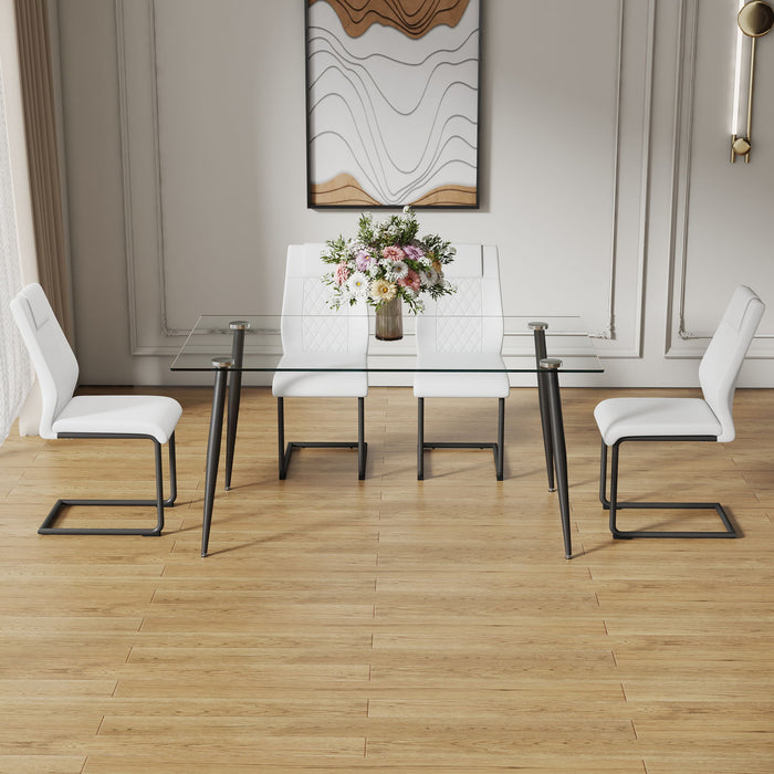 1 Table And 4 Chairs Set, Rectangular Table With Transparent Tabletop And Black Metal Legs, Paired With 4 Chairs With PU Leather Cushioned Seats And Black Metal Legs