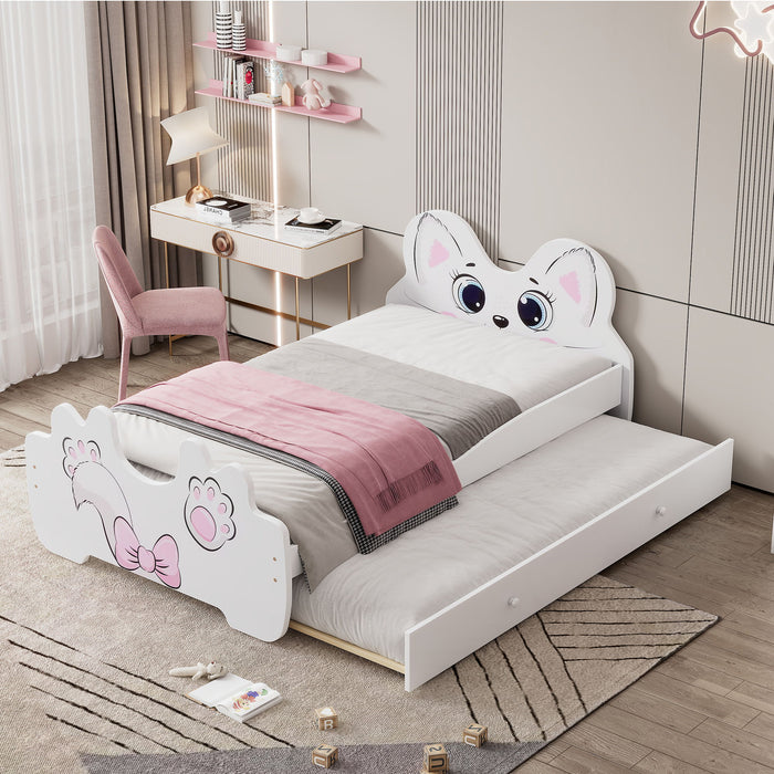 Cartoon Twin Size Platform Bed With Trundle, White