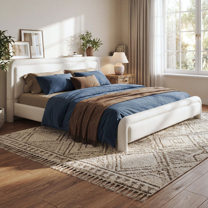 Upholstered Platform Bed Frame With Curved Headboard, Wood Slats Support Artistry At Home