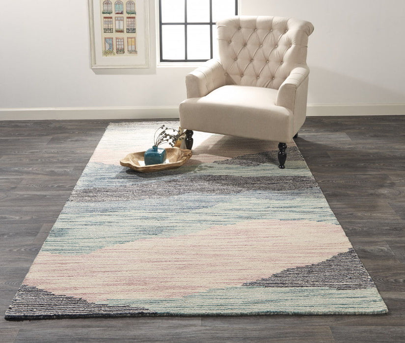 Abstract Tufted Handmade Area Rug - Pink Green And Blue Wool - 4' X 6'