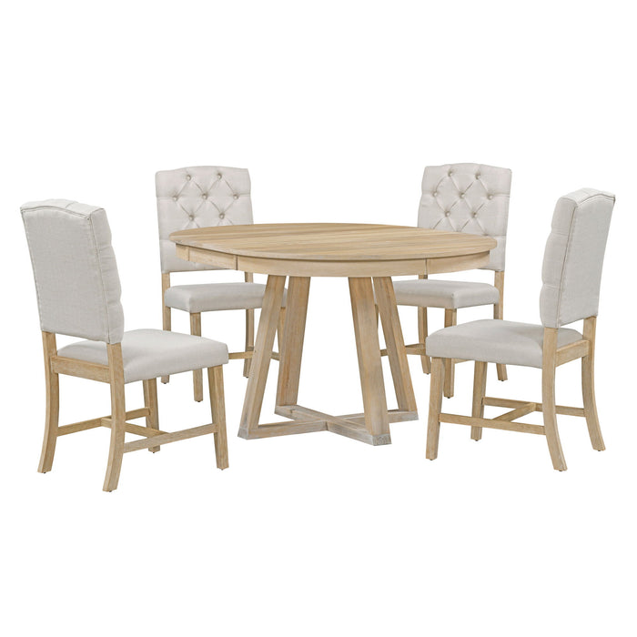 Retro Functional Dining Set, Round Table With Leaf And Upholstered Chairs For Dining Room And Living Room