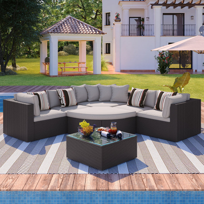 Go 7 Piece Outdoor Wicker Sofa Set, Rattan Sofa Lounger, With Colorful Pillows, Conversation Sofa, For Patio, Garden, Deck, Brown Wicker, Gray Cushion
