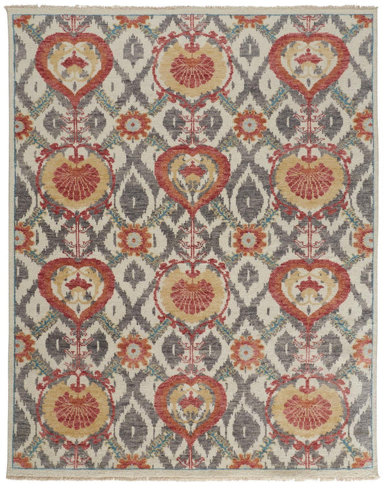 Floral Hand Knotted Stain Resistant Area Rug - Orange And Gray Wool - 12' X 15'