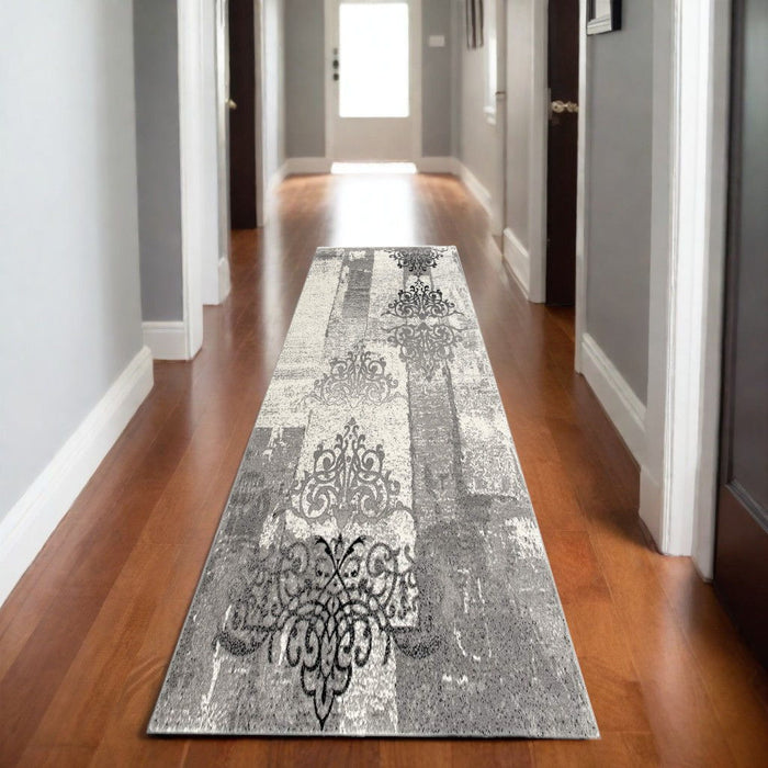 2' x 13' Faded Filigree Pattern Runner Rug - Gray