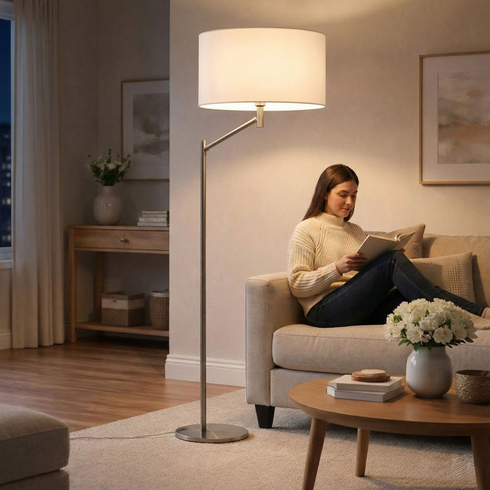 Horizon - Table Lamp With On / Off Switch Curved Base Linen Shade - Brushed Nickel / Silver / White Ashcroft Furniture