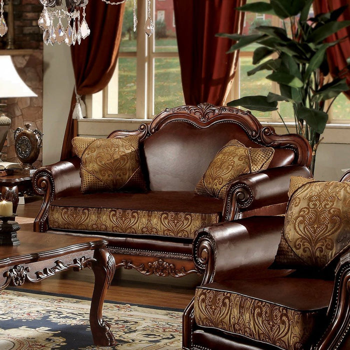 Dresden - Loveseat With 2 Pillows - Brown Synthetic Leather & Chenille, Cherry Oak ACME