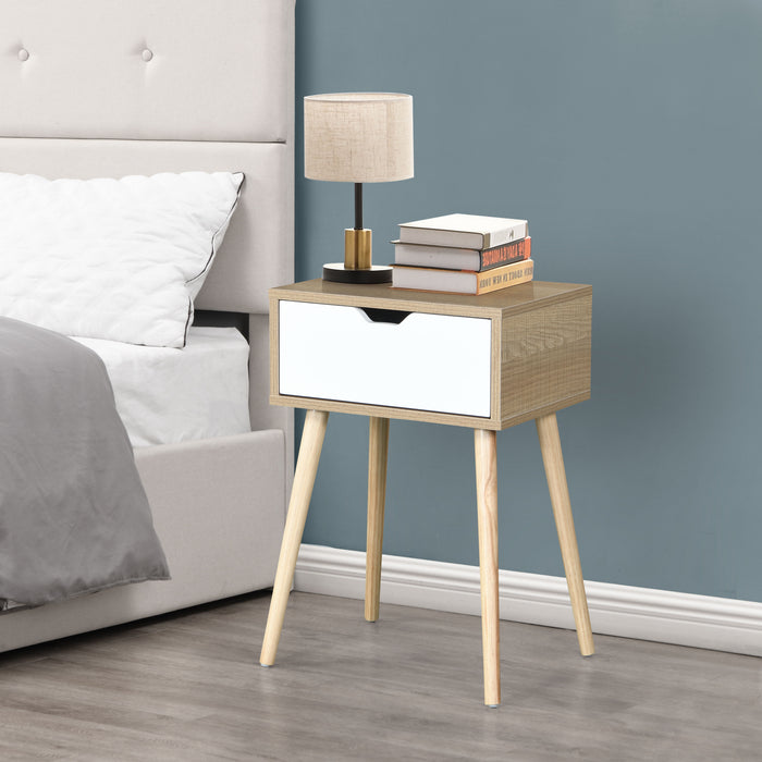 Side Table With 1 Drawer, Mid-Century Modern Storage Cabinet For Bedroom - White / Wood