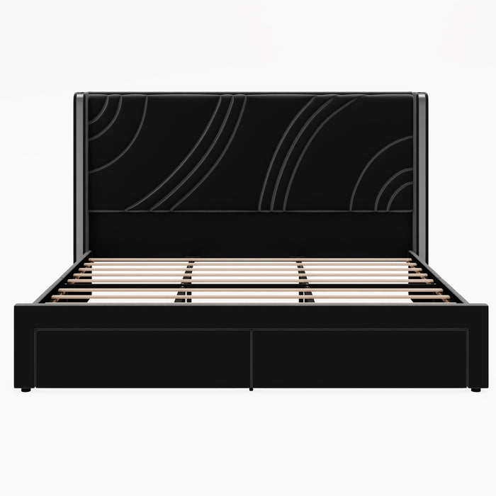 Modern Upholstered LED Bed Frame With Storage Drawers, Wingback Headboard, RGB Light