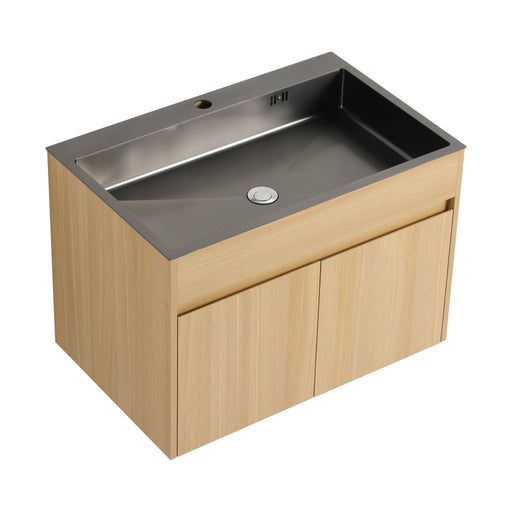 28" Wall Mounted Bathroom Vanity With Stainless Steel Sink, Soft Close Doors - Oak Home Essentials