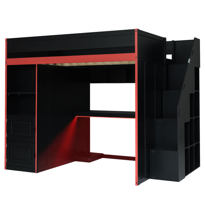 Gaming Loft Bed With Desk And Storage, LED Lights Hearth and Haven
