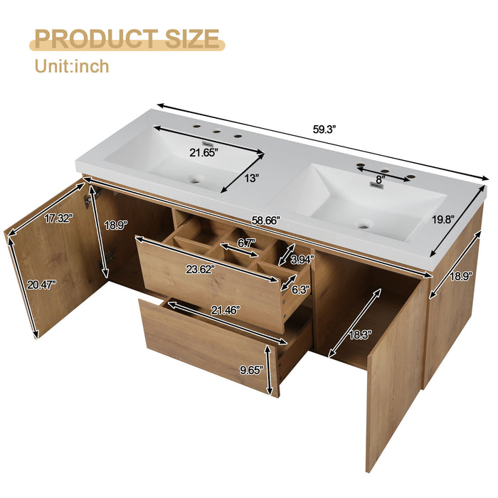 Double Sink Bathroom Vanity, Cabinet & Soft Close Doors, Divided Drawers, Wall Mounted Storage - Wood Hearth and Haven