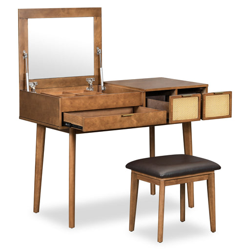 Classic Wood Makeup Vanity Set With Flip-Top Mirror And Stool, Dressing Table With Three Drawers And Storage Space Hearth and Haven