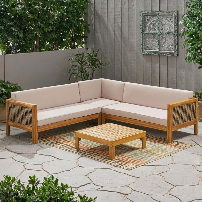 Linwood 4 Piece Wood And PE Rattan Coversation Sectional Seating Set, Beige