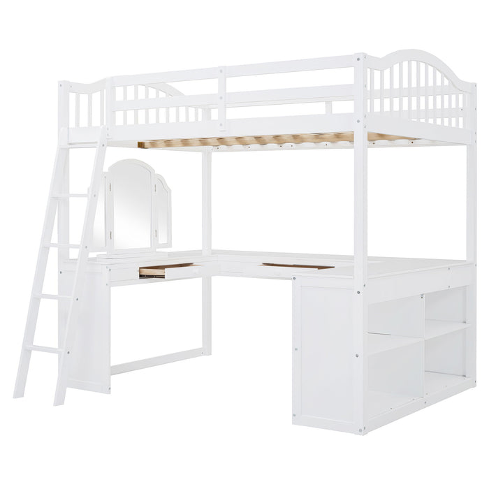 Full Loft Bed With U Shaped Desk, Storage Compartments And Tri Fold Mirror - White