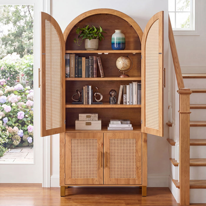 Tall Arched Cabinet With Rattan Doors & Adjustable Shelves Home Essentials