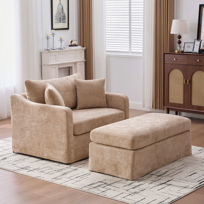 Accent Chair Wide With 2 Bolster Pillows, And Matching Ottoman