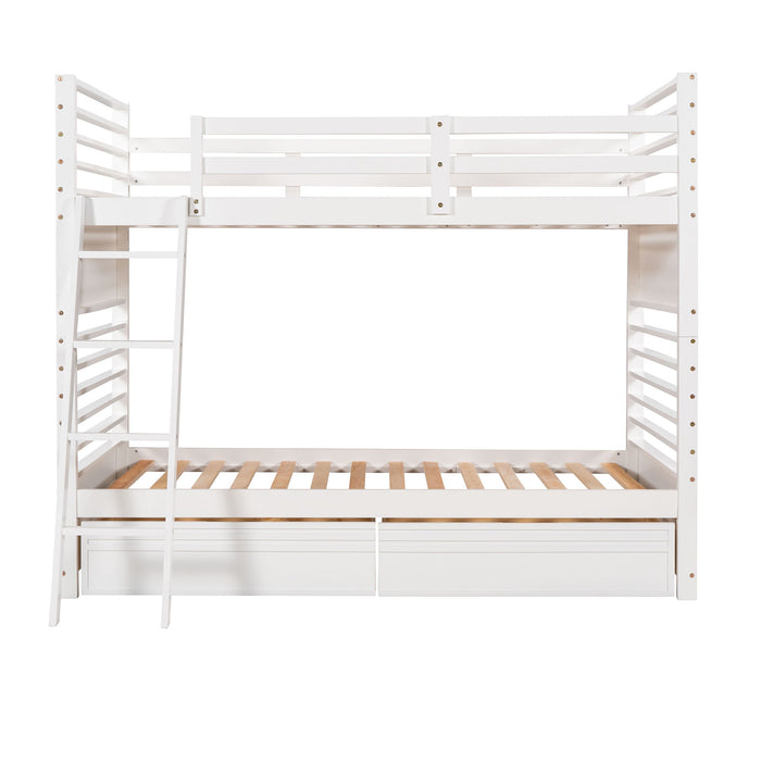 Twin Over Twin Wood Bunk Bed With Two Drawers - White