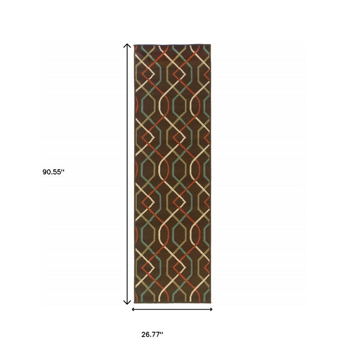 2' X 8' Geometric Stain Resistant Indoor / Outdoor Area Rug - Brown / Ivory