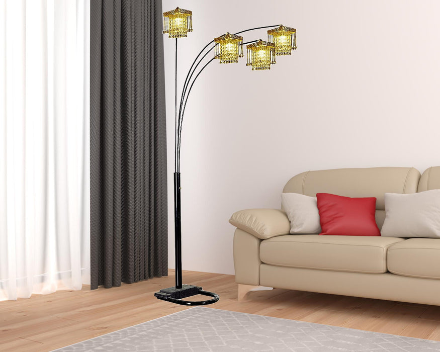 Four Light Arc Floor Lamp With Clear Crystal Glass Chandelier Shade - Black
