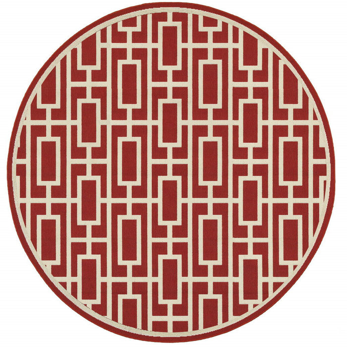 8' X 8' Round Geometric Stain Resistant Indoor & Outdoor Area Rug - Red / Ivory