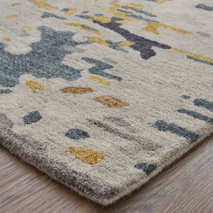 Abstract Tufted Handmade Stain Resistant Area Rug - Gray Yellow And Blue Wool - 9' X 12'