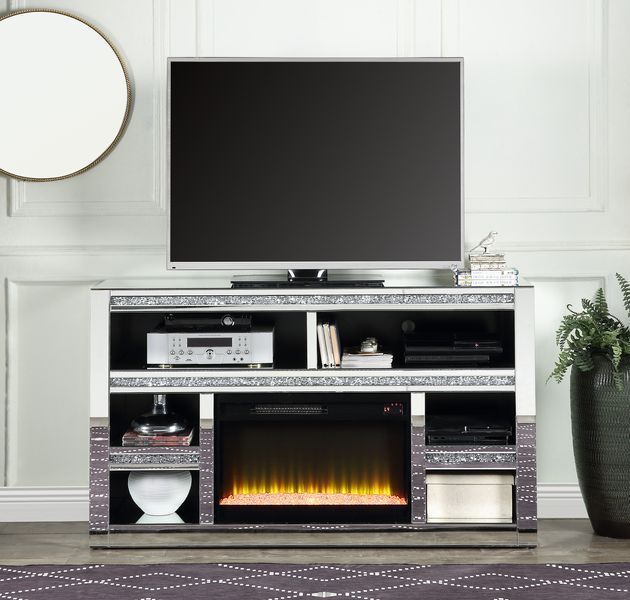 Noralie - 35" TV Stand With Fireplace - Mirrored & Faux Diamonds ACME
