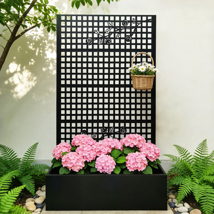 Planter Box With Trellis, Outdoor Raised Garden Bed With Privacy Screen Lattice Panels For Patio - Black Daily Nest