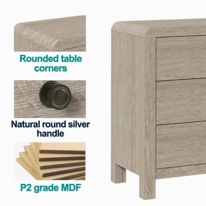 3 Drawer Chest Of Drawers With Soft Close Glides Rounded Corners Handles - Natural Home Essentials