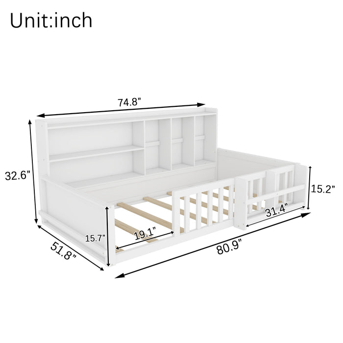 Platform Bed Frame With Guardrail, Storage Shelves & Bookshelf Home Essentials