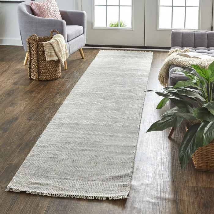 Striped Hand Knotted Runner Rug - Silver Wool - 12'