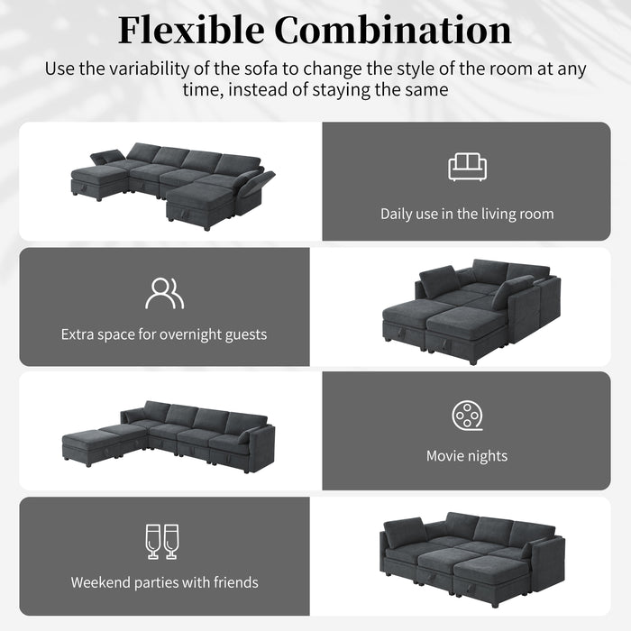 Chenille Modular Sectional Sofa, U Shaped Couch With Adjustable Armrests And Backrests, 6 Seat Reversible Sofa Bed With Storage Seats For Living Room, Apartment