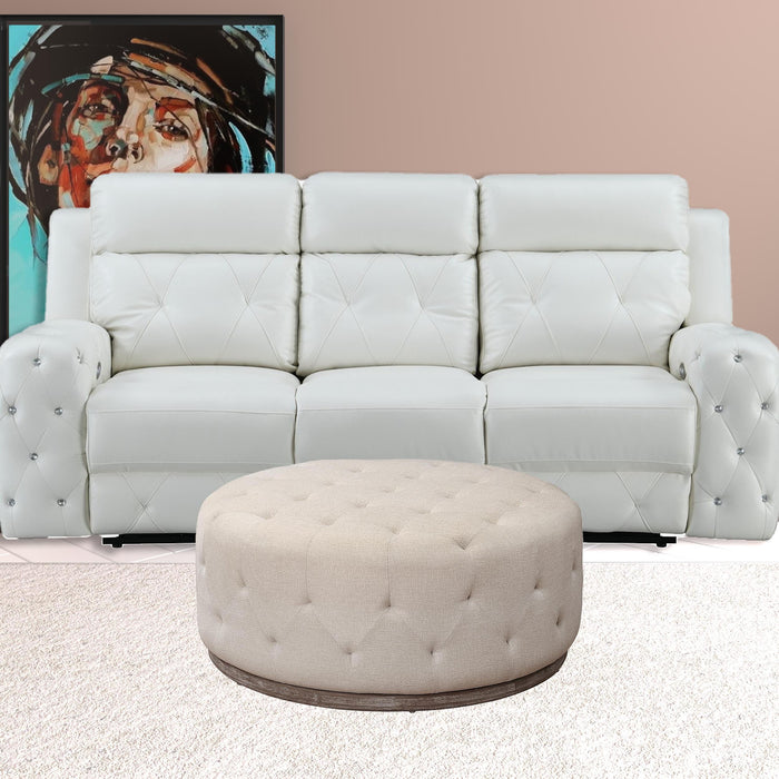 Velvet Tufted Round Ottoman - Ivory / Brown