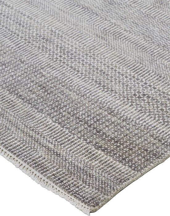 Striped Hand Knotted Area Rug - Dark Gray Silver Wool - 5' X 8'