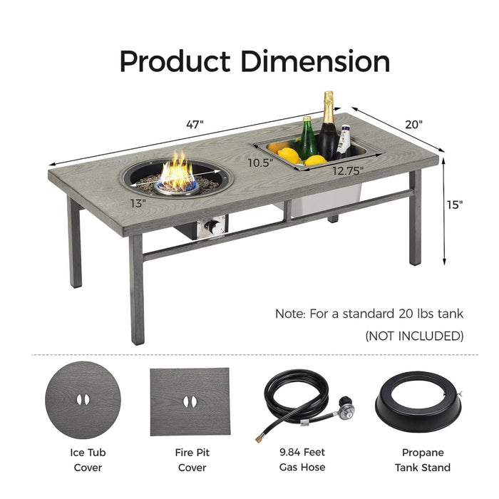 3 In 1 Outdoor Propane Fire Pit Table 50, 000 BTU With Ice Bucket - Gray