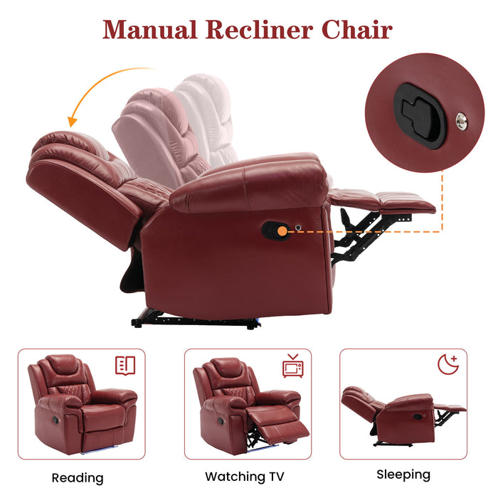 Home Theater Seating Manual Recliner Chair With Center Console And LED Light Strip For Living Room - Red Hearth and Haven
