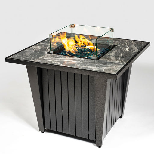 Morden Steel Fire Pit Table With Marble Tile Tabletop, Glass Wind Guard And Lid Patioseek