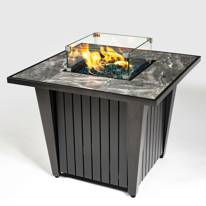Morden Steel Fire Pit Table With Marble Tile Tabletop, Glass Wind Guard And Lid Patioseek