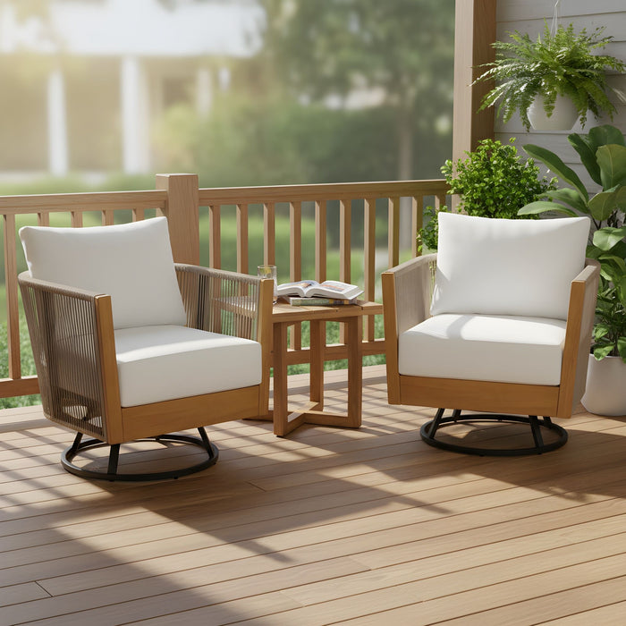 2 Swivel Chairs With Slat Top X Stretcher Side Table - Acacia Wood / Beige Noble House