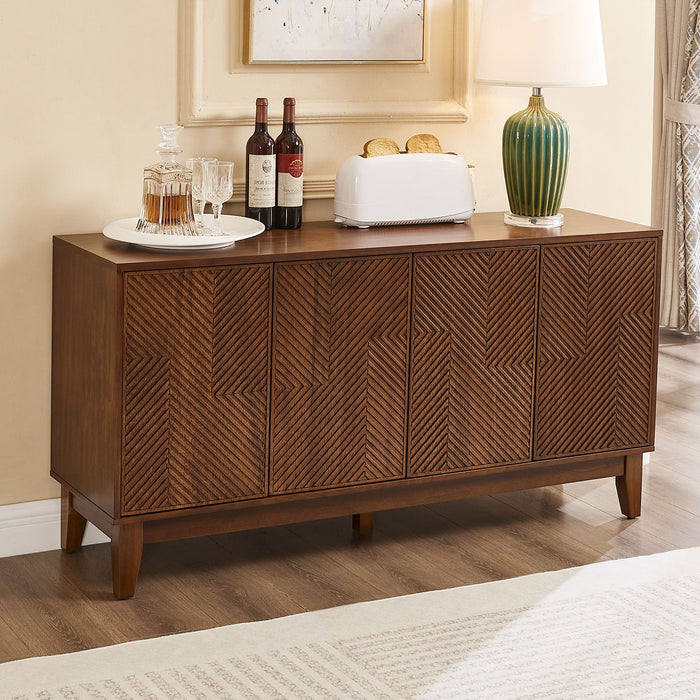 TV Stand With Carved Geometric Doors Storage Cabinet, 4 Door Media Console For Living Room - Walnut Home Essentials