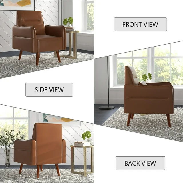 Accent Chair Modern PU Leather, Cozy Reading Armchair, Wood Legs - Wood Grain, For Adult - Brown