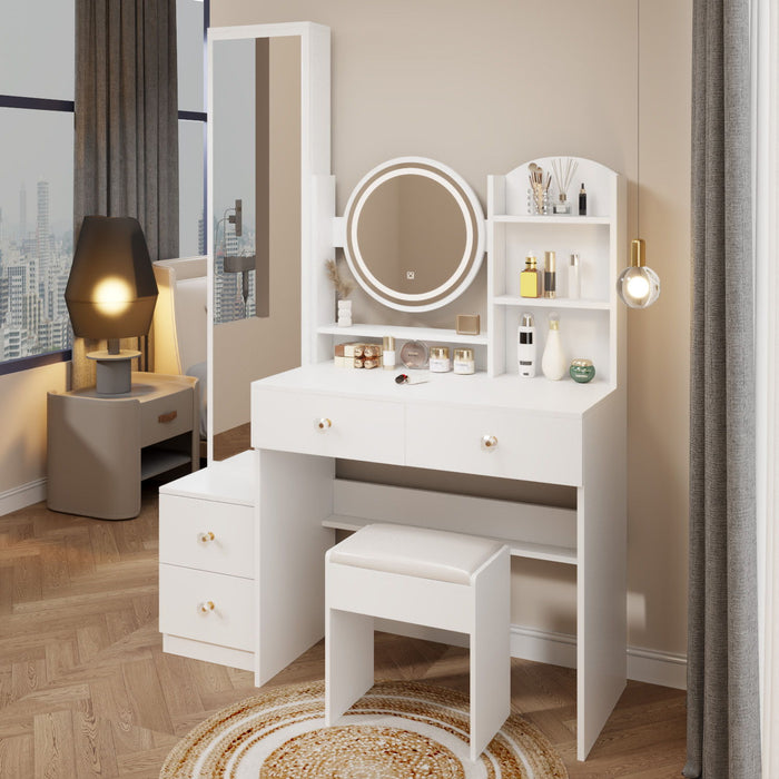 Full Body Mirror Cabinet / Round Mirror LED Vanity Table / Cushioned Stool, 17" Diameter LED Mirror, Touch Control, 3 Color, Brightness Adjustable, Large Desktop, Multi Layer High Capacity Storage