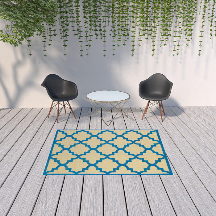 5' X 8' Geometric Stain Resistant Outdoor / Indoor Area Rug - Blue / Beige