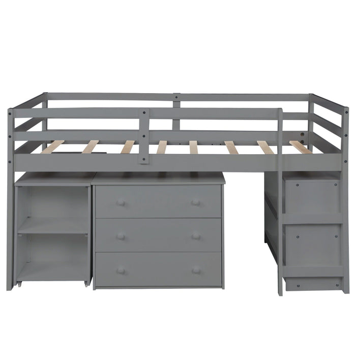 Low Twin Loft Bed With Cabinet and Desk - Gray