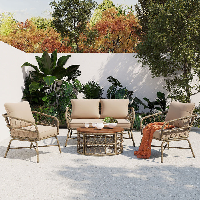 Go Bohemia - Inspired 4 Person Outdoor Seating Group With Removable Cushions, Conversation Patio Set With Wood Tabletop, Beige