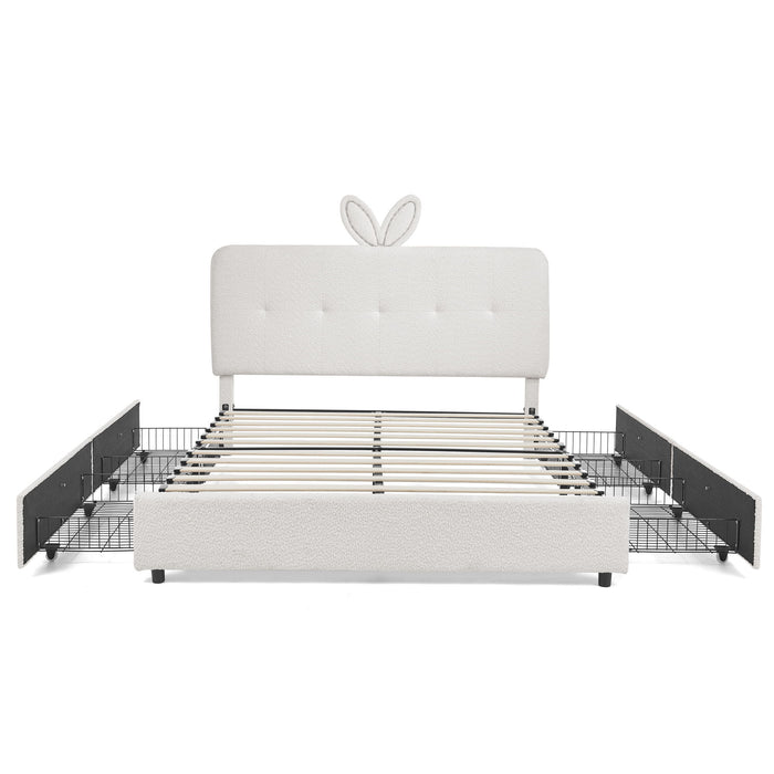 Upholstered Bed With Oversized Rabbit Ear Headboard, LED Lights & 4 Storage Drawers Home Essentials