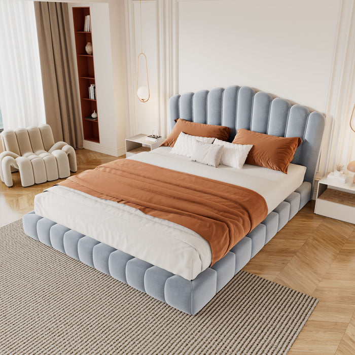 Queen Upholstered Bed Frame With Shell Shaped Headboard - Light Blue - Light Blue Hearth and Haven