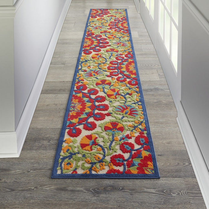 12' Runner Floral Stain Resistant Indoor / Outdoor Runner Rug - Red / Ivory